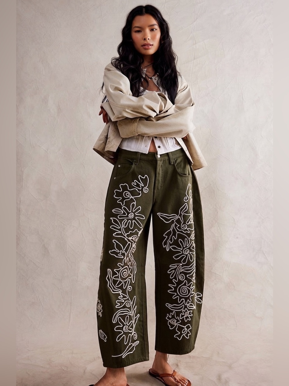 Boho Olive Green Floral Embroidered Barrel Jeans Baggy Ankle Horseshoe M